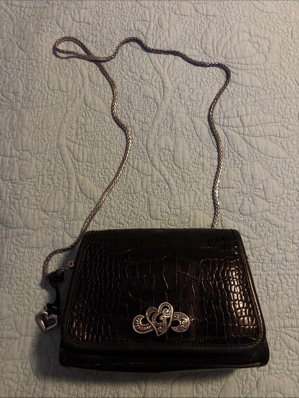 Vintage Brighton Black Croc-Embossed Crossbody Bag with Silver Accent